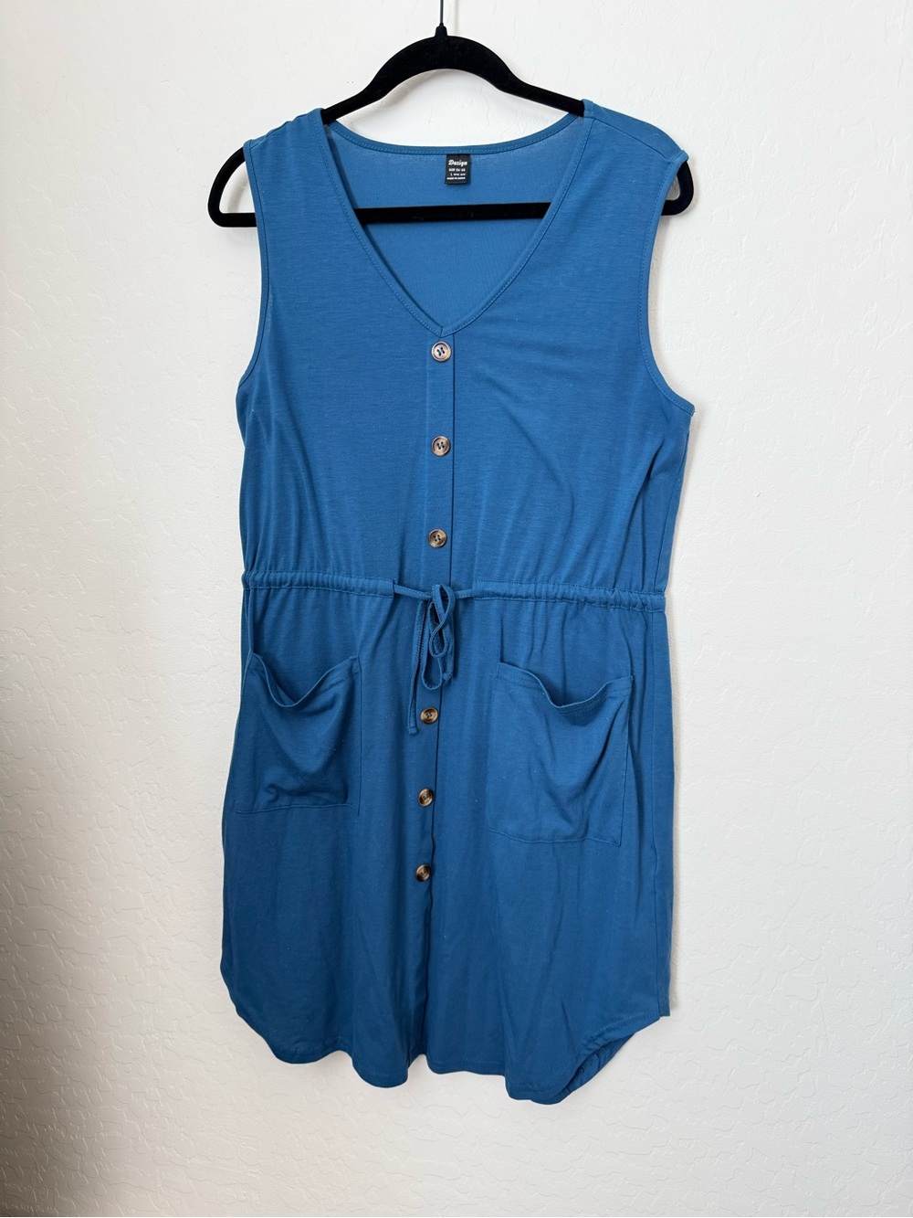Sleeveless Button-Front Blue Drawstring Dress